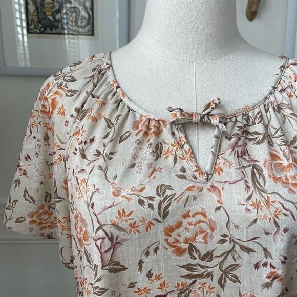 Vintage 70s Peasant Style Short Sleeve Top Keyhole Tie Floral Birds Brown Orange - Picture 2 of 7